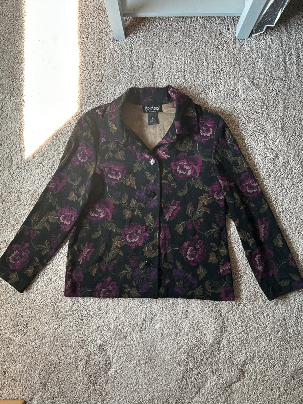 Velvety Briggs New York Black Floral Button-Front Shirt with Purple Flowers